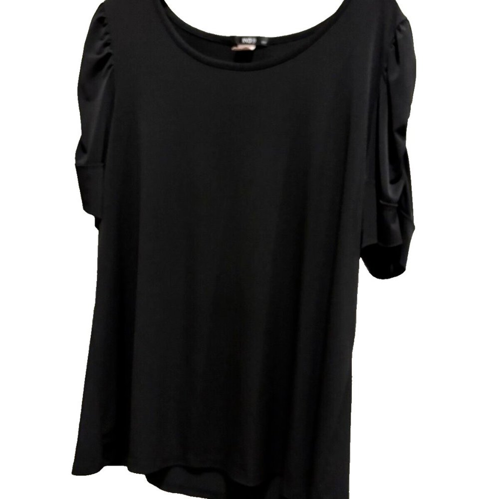 ING Ruched Short Sleeves, Round Neck Pullover Black Top, sz 1X